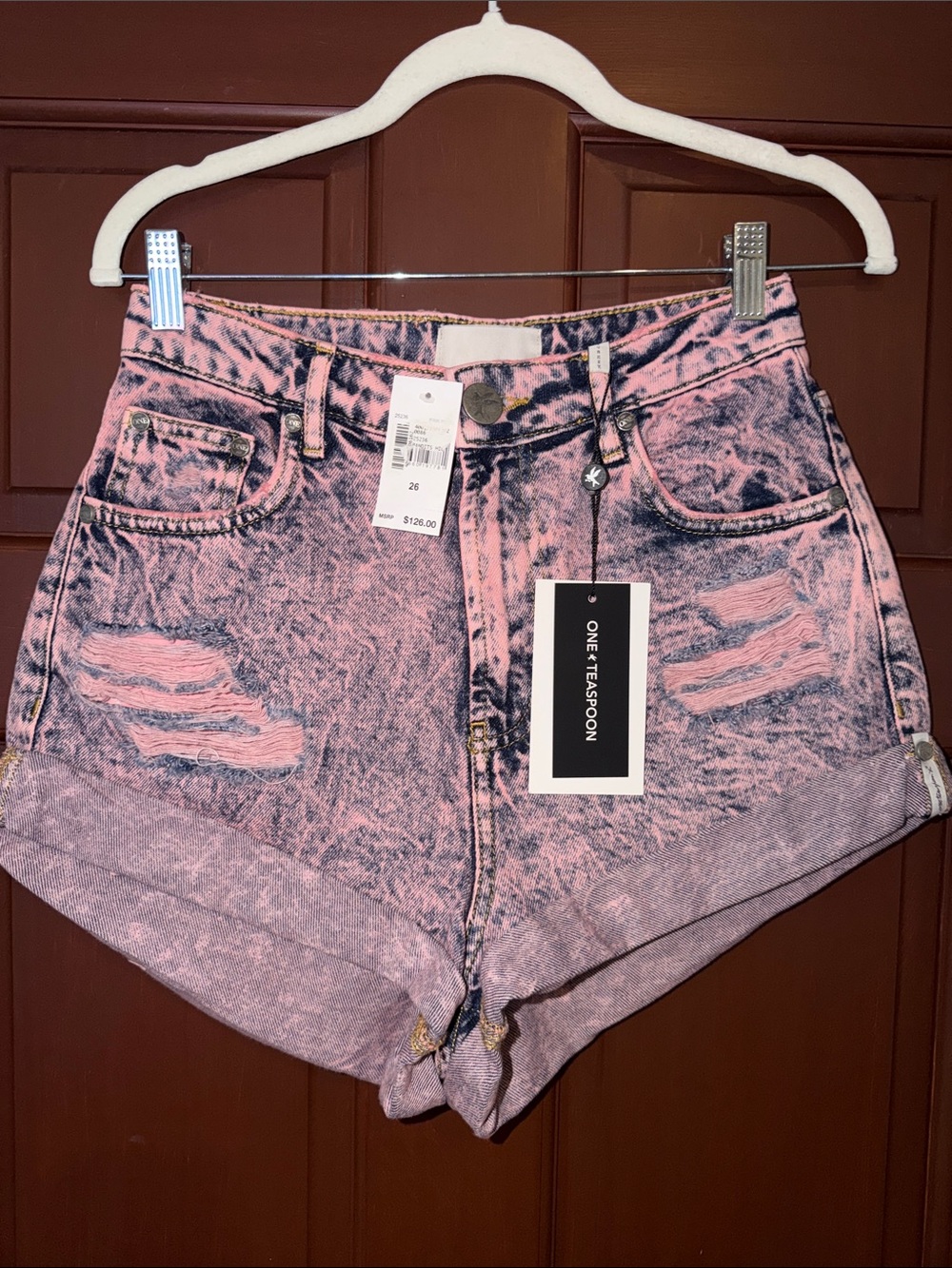 One Teaspoon Pink Acid Wash Distressed High Rise Denim Shorts Size 26 NWT